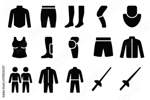 Martial arts equipment icons set: uniforms, protective gear, weapons