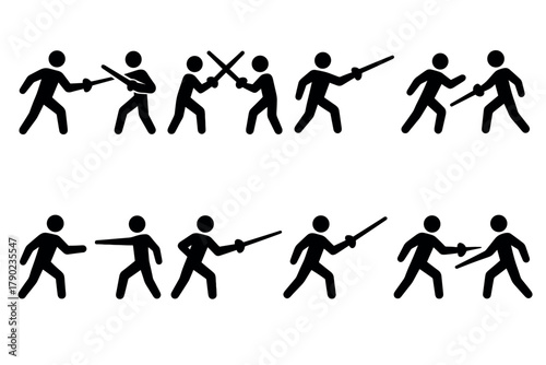 Stick figure fencing silhouette set featuring various sword fighting poses