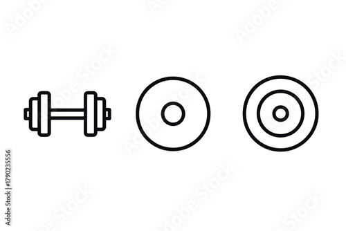 Minimalist gym icons set: dumbbell and barbell plates in linear style