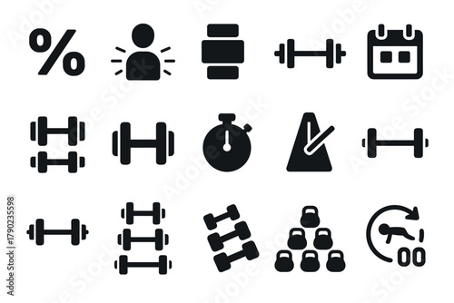 Workout icons set: fitness, dumbbells, stopwatch, schedule, black silhouette