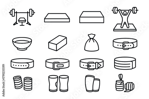 Line art icons of weightlifting equipment and accessories for fitness and gym enthusiasts