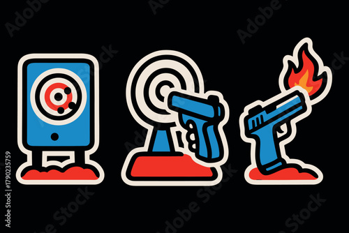 Bold shooting target icons with cartoon guns and bullseyes on black
