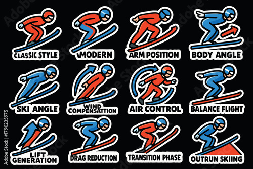 Dynamic ski techniques collection with detailed descriptions and sporty graphics