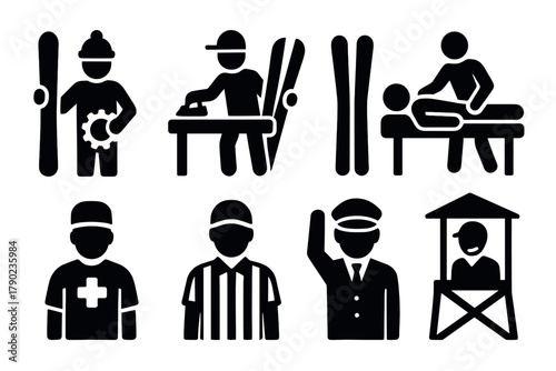 Winter sports and ski resort silhouette icons for professional services and activities