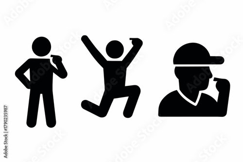 Silhouette icons of people posing with hand gestures in action and profile views