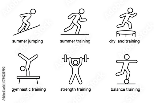 Minimalist sports icons: summer, gymnastics, strength, and balance training