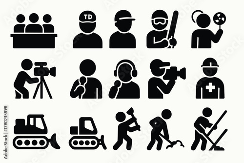Diverse occupations silhouettes: media, sports, and construction icons