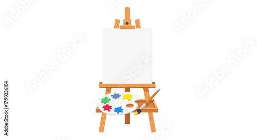 A wooden easel holds a blank canvas, with a palette and paintbrush resting below, ready for artistic creation.
