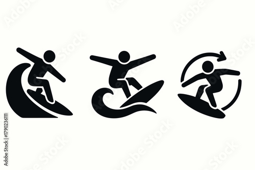 Surfing silhouette icons: dynamic surfboard adventures in minimalist style