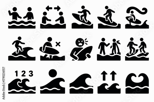 Surf etiquette and techniques: simple black silhouette pictograms for surfing education