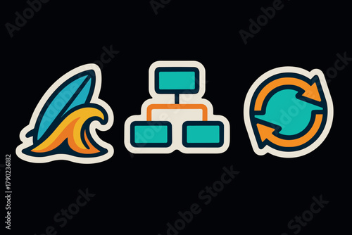 Trendy icon set with wave, flowchart, and synchronization symbols on black background