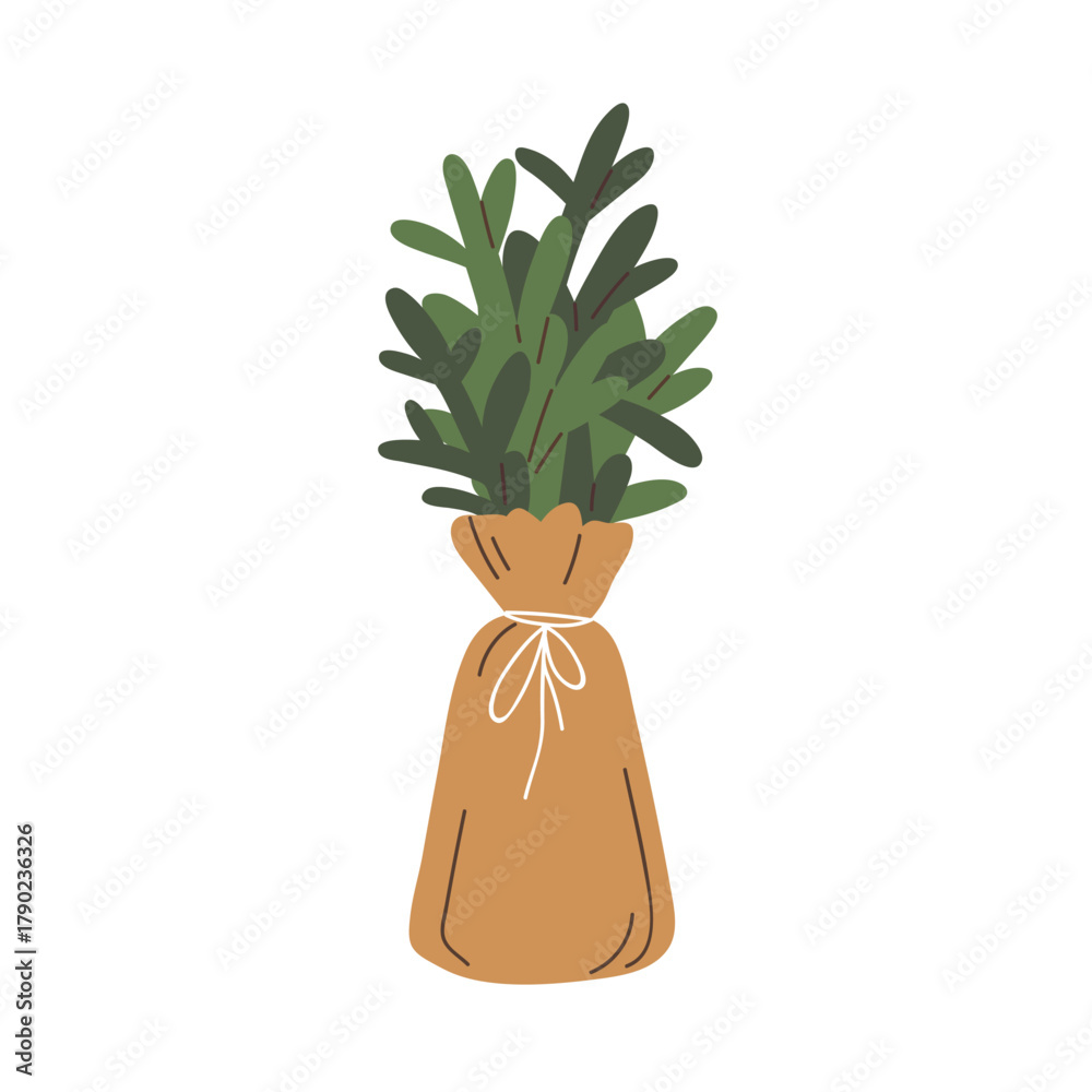 Naklejka premium Natural fir branches bunch wrapped in kraft paper. Organic eco Christmas decor, spruce tree twigs. Winter holiday seasonal festive greenery. Flat vector illustration isolated on white background.