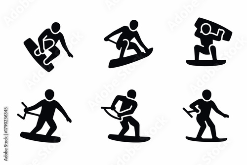 Silhouette icons of active people engaged in water sports activities