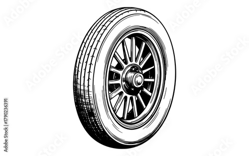 a car tire showing tread patterns and a spoke wheel design, symbolizing automotive engineering and transportation concepts.