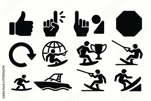 Water sports icons: silhouette set featuring surfing, sailing, and water skiing
