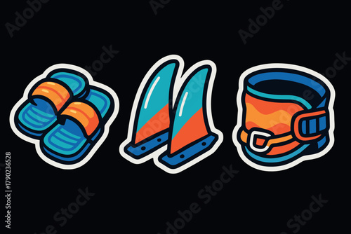 Colorful cartoon stickers of scuba diving equipment on black background