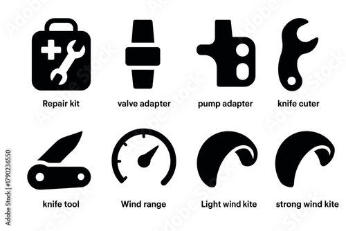 Kiteboarding equipment silhouettes: essential tools and accessories icons