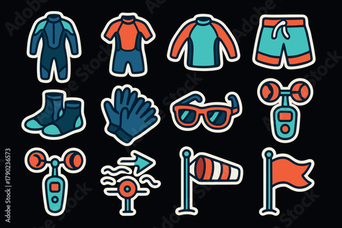 Colorful windsurfing and watersport gear icons on black background