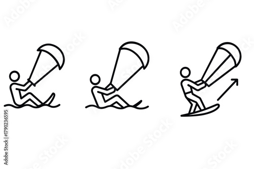 Evolution of kiteboarding: beginner to advanced in minimalist outline style