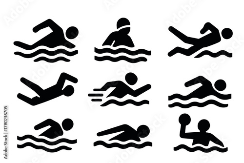 Silhouette pictograms of swimming techniques and water activities