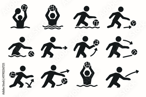 Silhouette icons of swimming and water polo actions in simple style