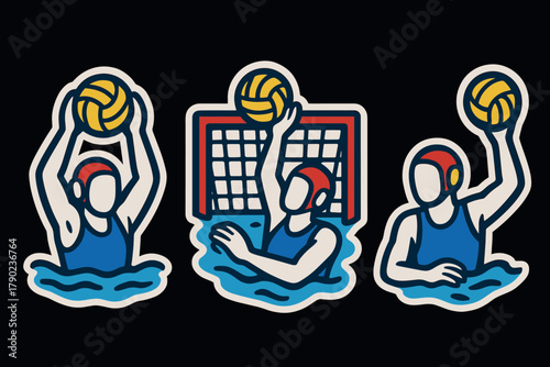 Water polo team in action: flat style sticker art depiction of three players and goal