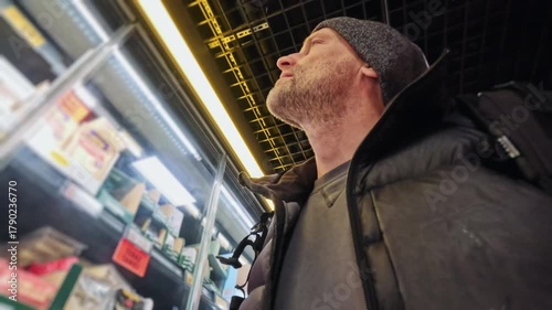Man selecting watermelon in supermarket from low-angle crate view