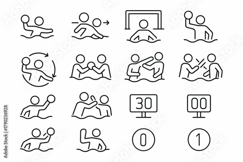 Water polo icon set featuring players, goal, and scoreboard in simple linear style