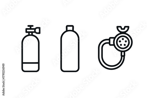 Diving equipment icons: oxygen tank, air cylinder, scuba regulator in linear style
