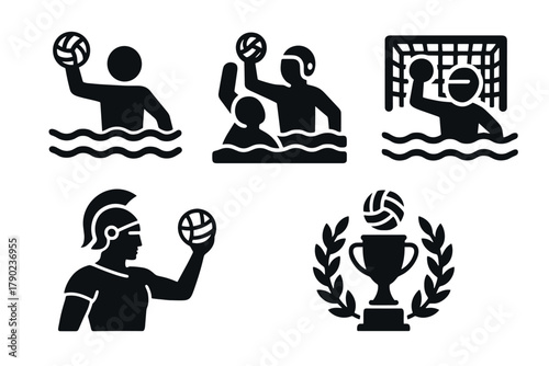 Water polo icons set: players, trophy, and goalkeeper silhouettes