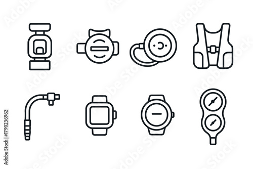Outlined scuba diving equipment icons for underwater activities