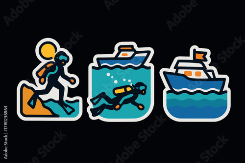 Diving adventure stickers: underwater exploration and boating fun