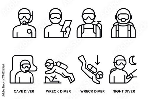 Diverse types of scuba divers in linear icons highlighting different diving specializations