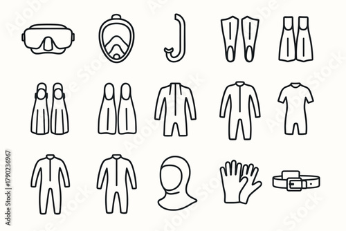 Diving equipment icons set in minimalist linear style for adventure and sport enthusiasts