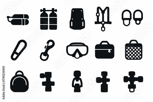 Diving equipment silhouettes set for underwater adventure and safety