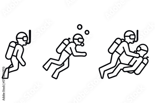 Icon set of divers showing underwater rescue techniques in minimal linear style