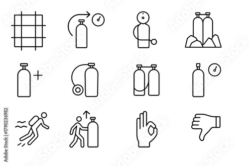 Essential diving tank icons collection for safe underwater exploration