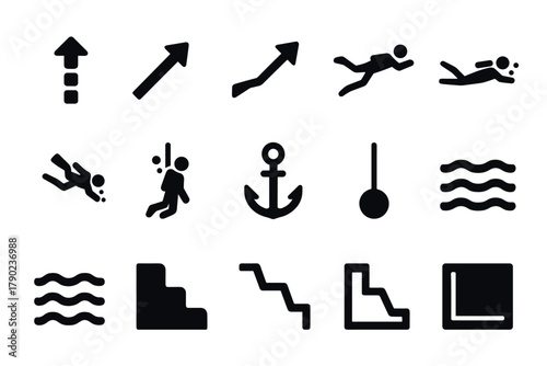 Minimalist icons of progress, action, and water elements in silhouette style