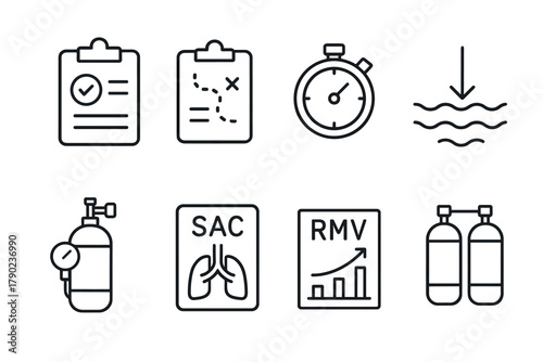 Diving equipment and planning icons set in linear style for safety and adventure