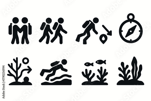 Outdoor adventure icons: hiking, orienteering, snorkeling, nature exploration symbols