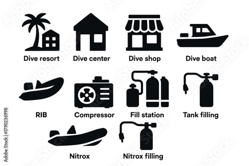 Dive icons collection featuring dive resort, center, shop, boat, and equipment silhouettes