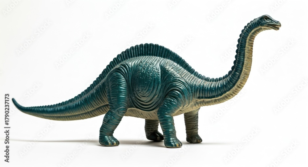 Naklejka premium A plastic, teal-colored dinosaur toy, a long-necked Brachiosaurus, against a white background