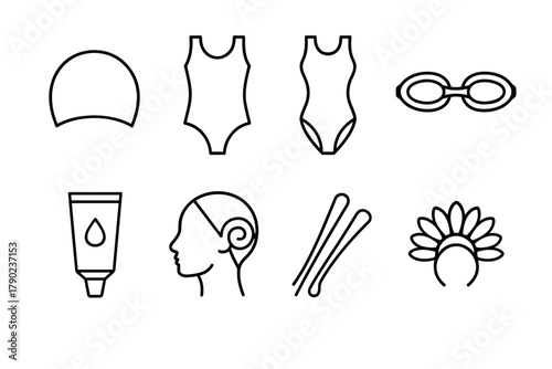 Minimalist linear icons of swimming gear and accessories for sport enthusiasts