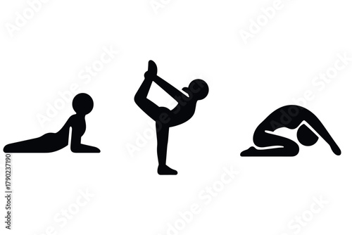Silhouette yoga poses set: cobra, dancer, child's pose for fitness