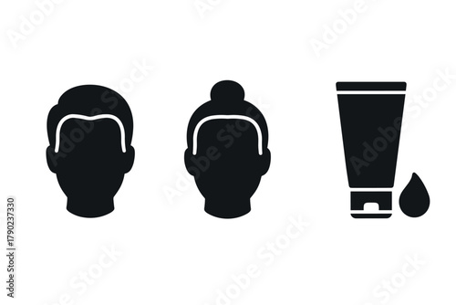 Minimalist silhouette icons of male and female heads with haircare product tube