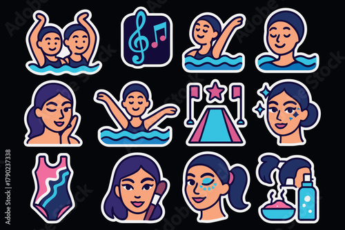 Synchronized swimming and beauty icons set with swimming, relaxation, and spa elements