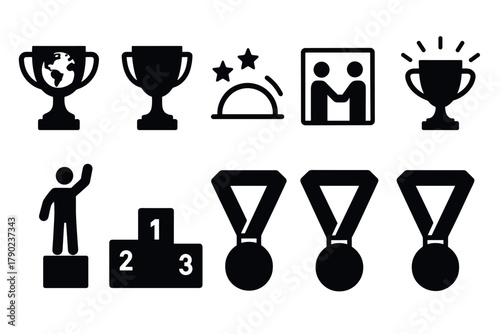 Minimalist award icons set: trophies, medals, and podiums in black silhouettes