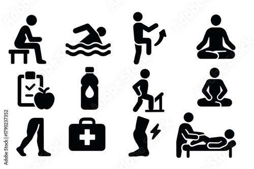 Health and fitness icons set: yoga, exercise, nutrition, and therapy silhouettes