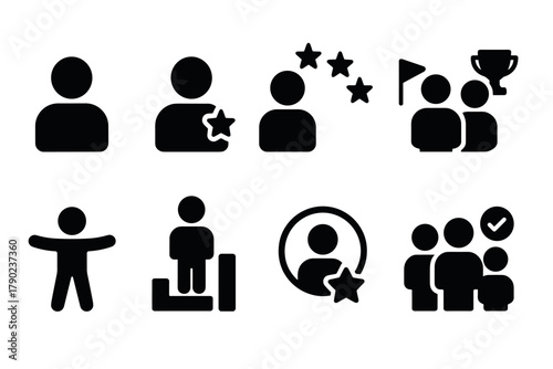 Simple black profiles and achievements icons set for business and personal use