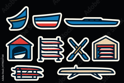 Nautical symbols and equipment: simple line designs with bold colors
